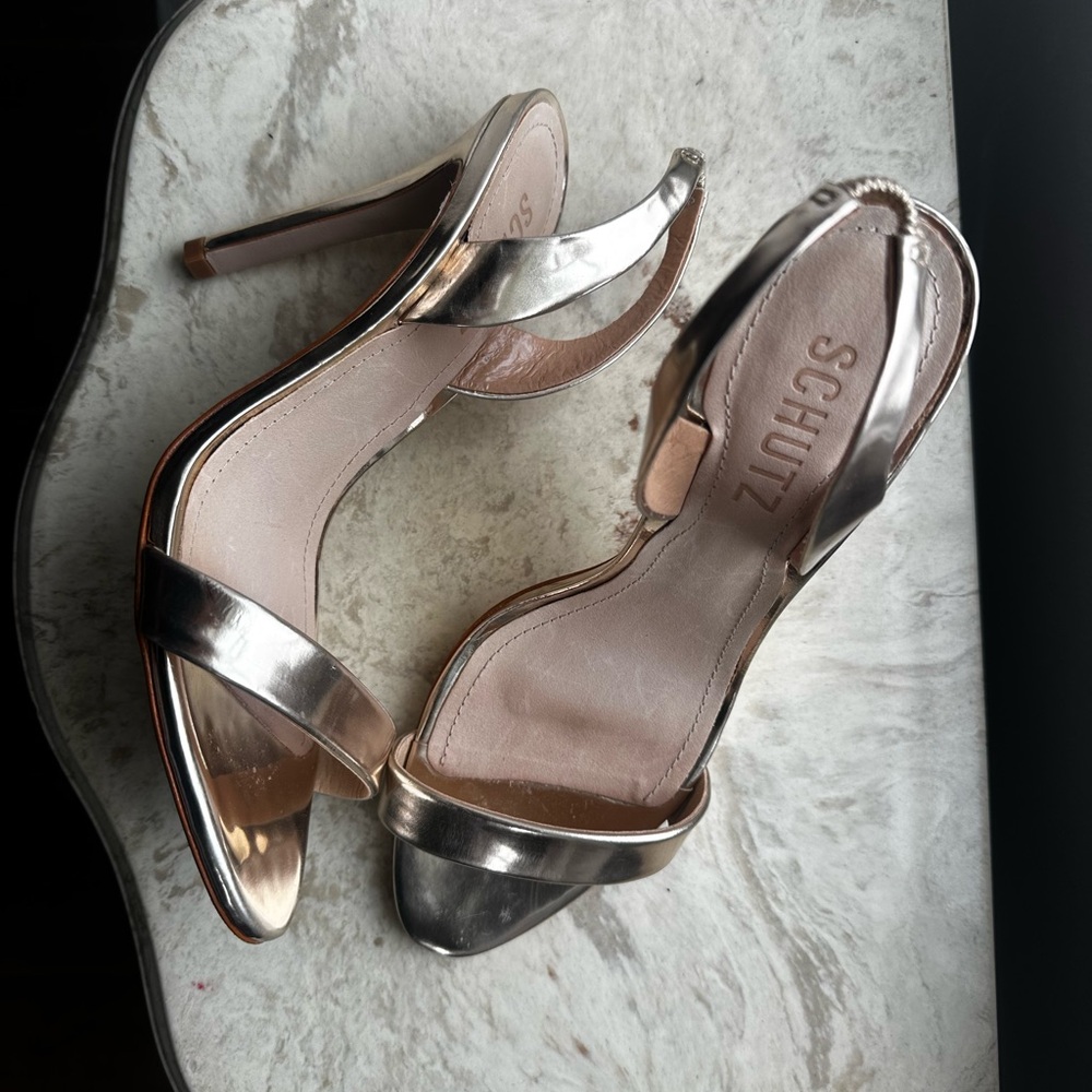 SCHUTZ Metallic Rose Gold Open-Toe Heels